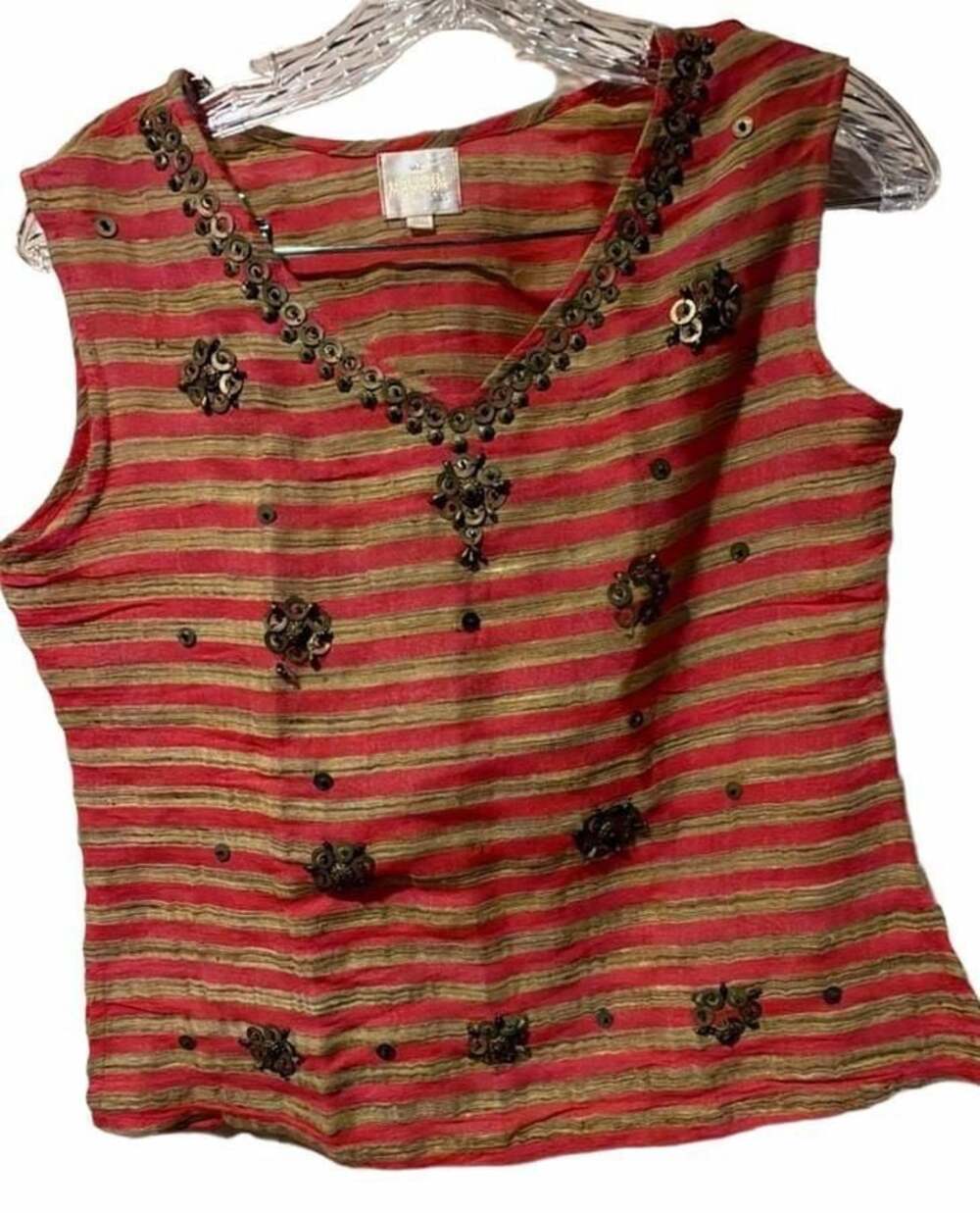 Magnum Plus Red and Gold Striped Sleeveless Sequin Embellished Top Size 36